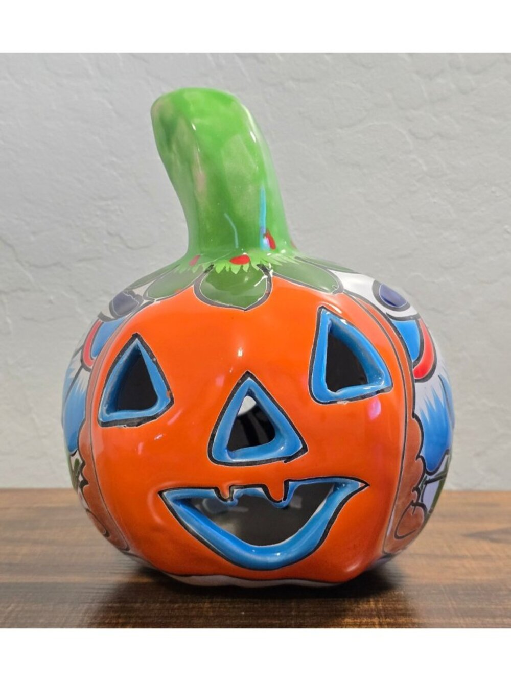Hand-Painted Talavera Ceramic Jack-O-Lantern Tealight Candle Holder 8" Tall